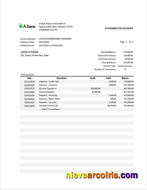 Ukraine A-Bank statement of account Word and PDF